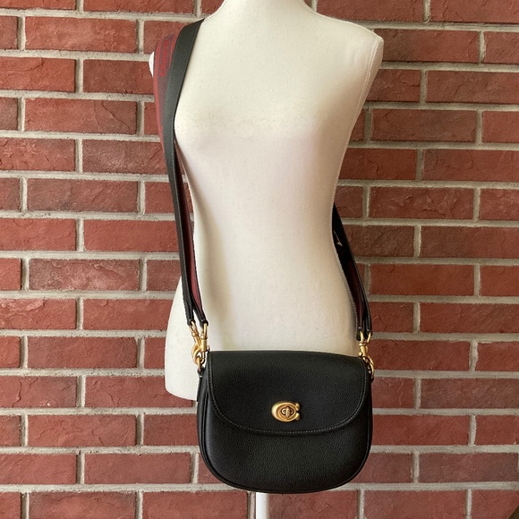 Coach Willow Saddle Crossbody Shoulder Bag Black Pebble Leather 2 Straps NEW - Picture 3 of 16